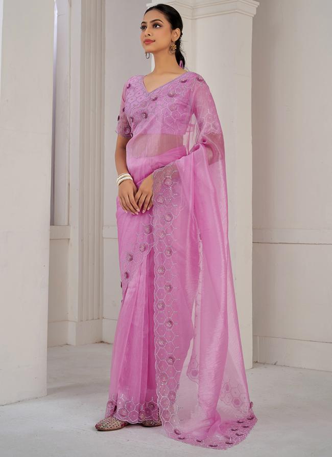 Soft Organza Pink Party Wear Embroidery Work Saree